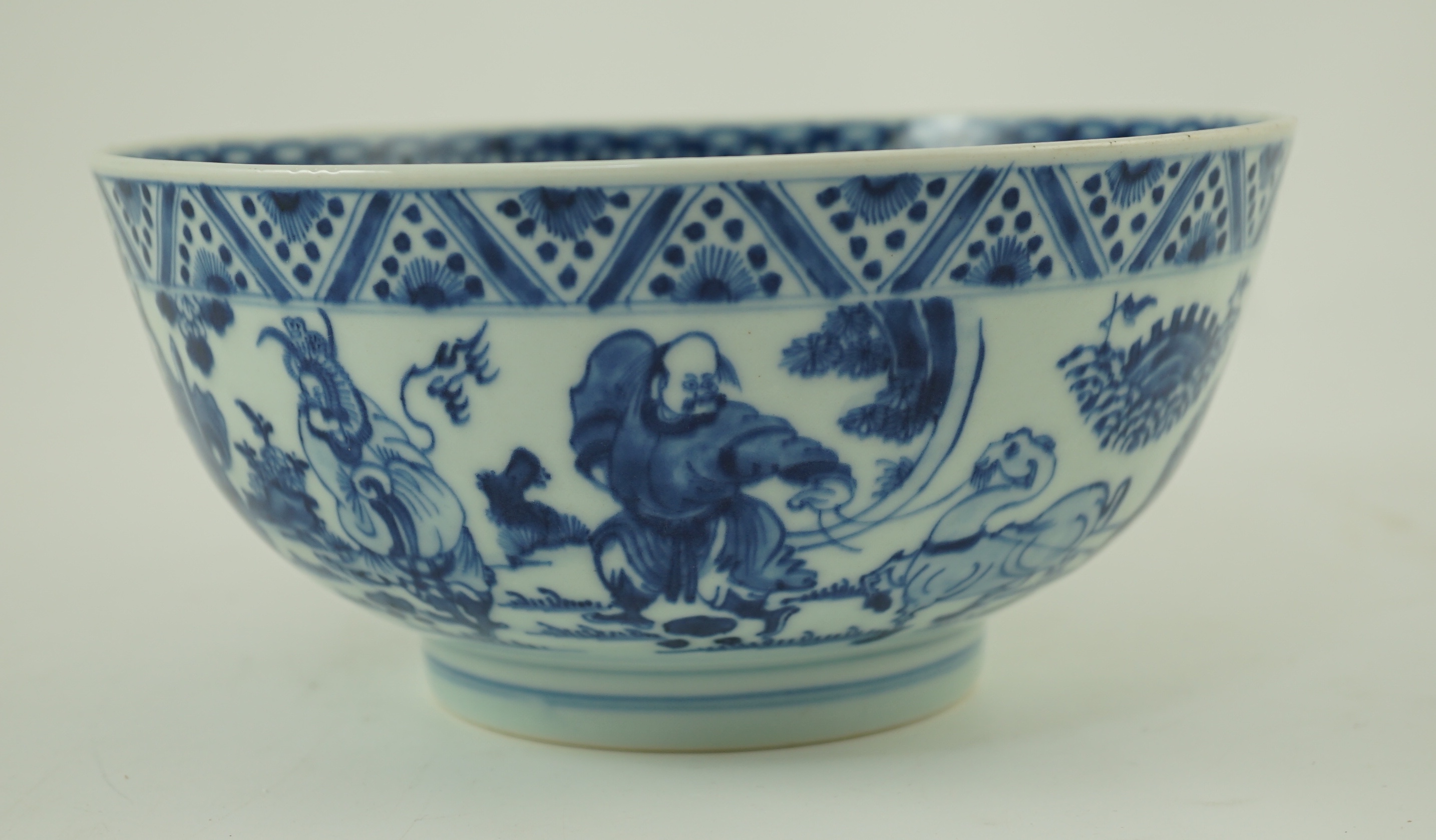 A Chinese blue and white ‘foreign ambassadors’ bowl, Kangxi/Yongzheng period, 21.5cm diameter